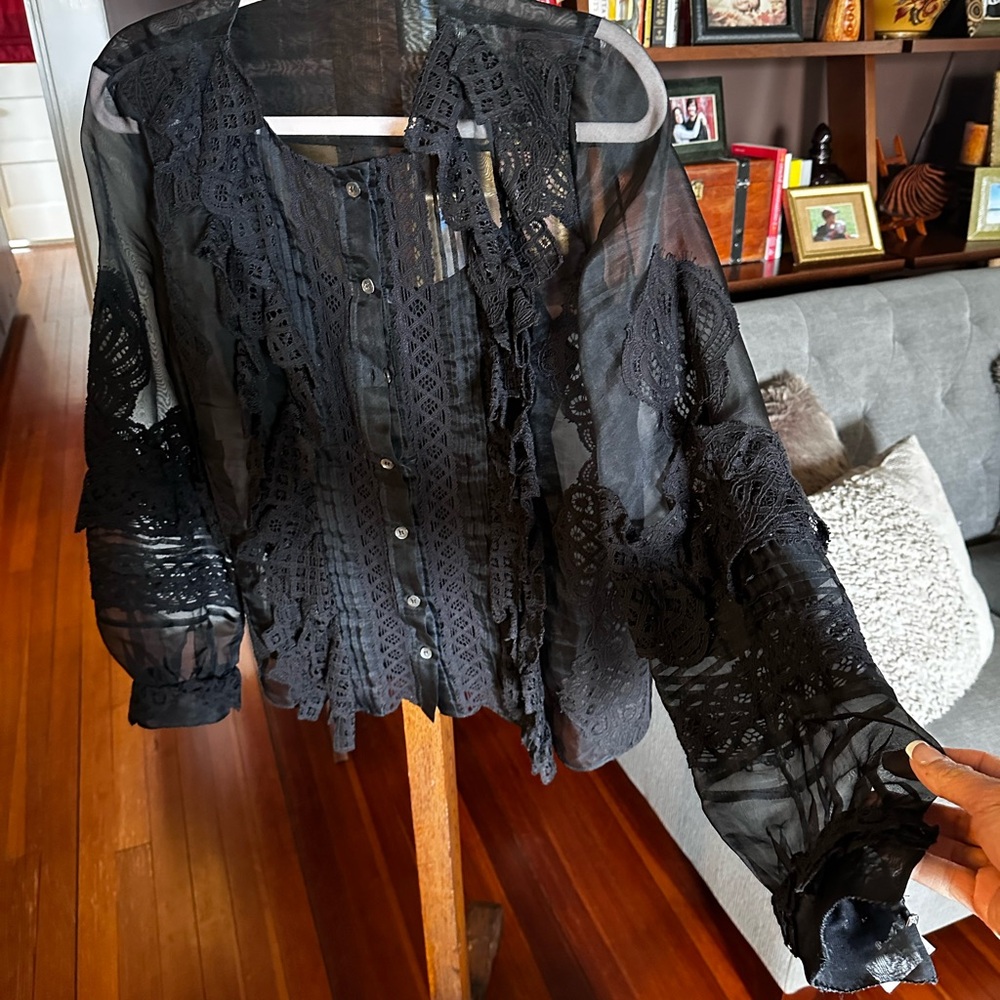 Oscar de la Renta Vintage Silk Organza Lace Blouse Black Sheer Ruffle Top sz 4 - Picture 8 of 10